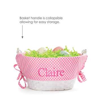 Personalized Easter Egg Basket with Handle and Custom Name | Pink Gingham Easter Basket Liners | White Basket | Woven Easter Baskets for Kids and Adults | Customized Easter Basket | Gift for Easter