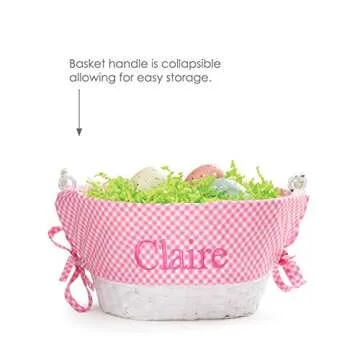 Personalized Easter Egg Basket with Handle and Custom Name | Pink Gingham Easter Basket Liners | White Basket | Woven Easter Baskets for Kids and Adults | Customized Easter Basket | Gift for Easter