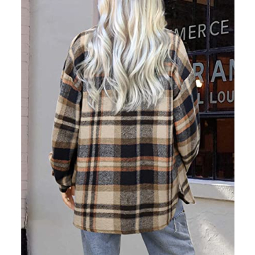 Womens Flannel Button Down Shirts Boyfriend Long Sleeve Oversized Blouses Tops 6020 2-Khaki Small