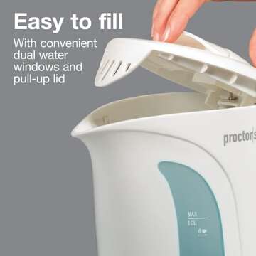 Proctor Silex Electric Tea Kettle, Water Boiler & Heater Auto-Shutoff & Boil-Dry Protection, 1000 Watts for Fast Boiling, 1 Liter, White