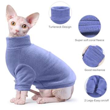 Idepet Sphynx Cats Clothes Winter,Hairless Cat Turtleneck Sweater Soft Coral Fleece Outfit Coat Warm Shirt Kitten Apparel with Sleeves Pullover Pet Winter Pajamas Jumpsuit (Blue, Large)