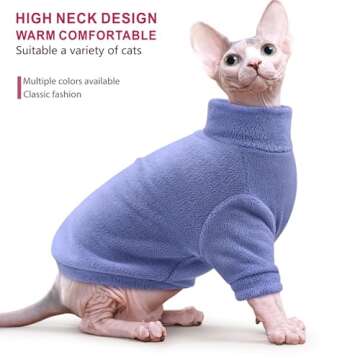 Idepet Sphynx Cats Clothes Winter,Hairless Cat Turtleneck Sweater Soft Coral Fleece Outfit Coat Warm Shirt Kitten Apparel with Sleeves Pullover Pet Winter Pajamas Jumpsuit (Blue, Large)