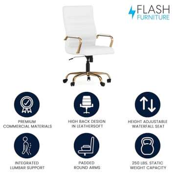 Flash Furniture Whitney Mid-Back Swivel LeatherSoft Desk Chair with Padded Seat and Armrests, Adjustable Height Padded Office Chair, 27"D x 26"W x 43"H, White/Gold