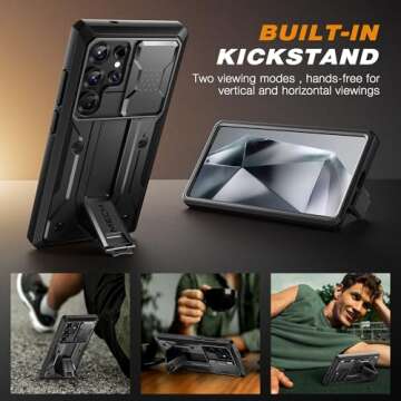 TONGATE for Samsung Galaxy S25 Ultra Case, [Built-in Slide Camera Cover & Screen Protector] [2 Front Frames] Full-Body Heavy Duty Shockproof S25 Ultra Phone Case with Stand & Belt Clip Holster, Black