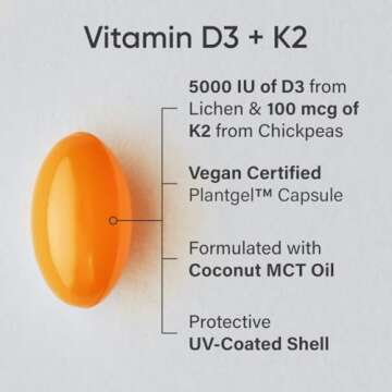 Sports Research Vitamin D3 K2 with Coconut Oil | Plant Based Vitamin K2 MK7 + Vegan D3 5000iu for Bo...