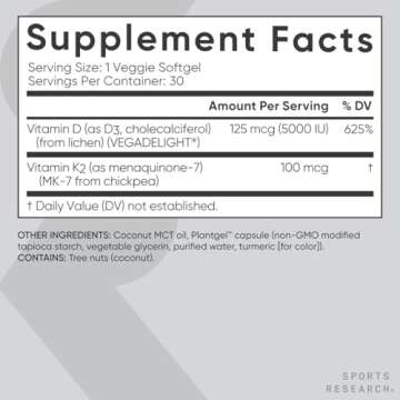 Sports Research Vitamin D3 K2 with Coconut Oil | Plant Based Vitamin K2 MK7 + Vegan D3 5000iu for Bone & Immune Health | Vegan Certified, Soy & Gluten Free - 30 Count Softgels