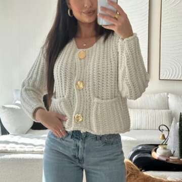 FindThy Women’s Cropped Knit Cardigan Long Sleeve Crewneck Button Down Fall Sweater with Pockets(1799-White-S-LB)