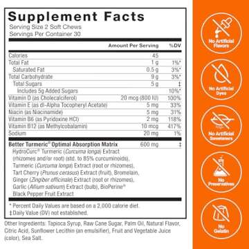 FORCE FACTOR Better Turmeric Supplement 400mg with Black Pepper & Ginger, Extra Strength Joint Support, Superior Absorption, Like Turmeric Gummies, Fruit Splash, 60 Turmeric Chews