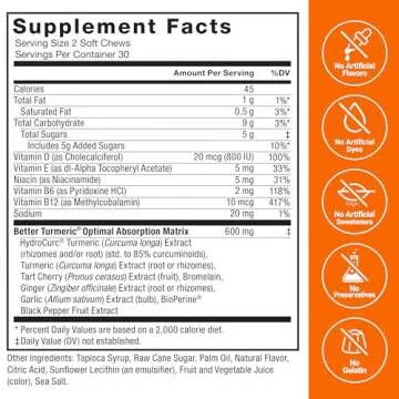 FORCE FACTOR Better Turmeric Supplement 400mg with Black Pepper & Ginger, Extra Strength Joint Support, Superior Absorption, Like Turmeric Gummies, Fruit Splash, 60 Turmeric Chews