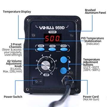 YIHUA 959D Digital Hot Air Rework Station - High Power, 3 Memory Settings, Precise Temp Control