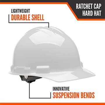 Malta Dynamics Made in US 4 Pt. Suspension Hard Hat, Ratchet Cap Style, Construction Hard Hat for Sa...