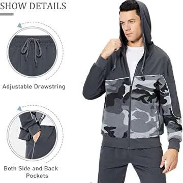 DUOFIER Men Activewear Camouflage Sweatshirt Full Zip Warm Hoodie Tracksuit Sports Set Casual Sweat Suit, Camo Gray-M