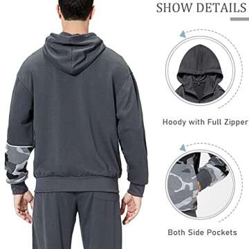 DUOFIER Men Activewear Camouflage Sweatshirt Full Zip Warm Hoodie Tracksuit Sports Set Casual Sweat Suit, Camo Gray-M