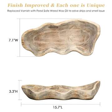 Wavy Live Edge Wooden Dough Bowl for Decor 16"L Medium Natural Root Wood Hand Carved Decorative Wooden Farmhouse Fruit Bowl Handmade, Home Decoration Centerpiece, Dining Room Table Display Bowl