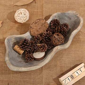 Wavy Live Edge Wooden Dough Bowl for Decor 16"L Medium Natural Root Wood Hand Carved Decorative Wooden Farmhouse Fruit Bowl Handmade, Home Decoration Centerpiece, Dining Room Table Display Bowl