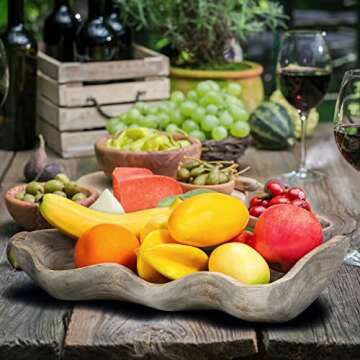 Wavy Live Edge Wooden Dough Bowl for Decor 16"L Medium Natural Root Wood Hand Carved Decorative Wooden Farmhouse Fruit Bowl Handmade, Home Decoration Centerpiece, Dining Room Table Display Bowl