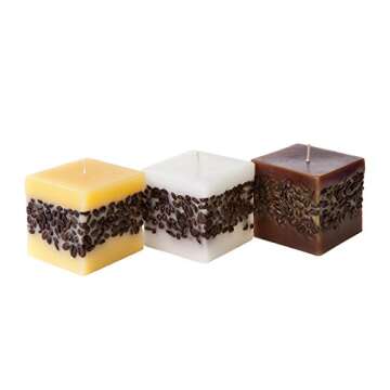Candle Atelier 'Coffee on Yellow' Ornamental 3" x 3" Handmade Square Pillar Candle, Fragrance-Free