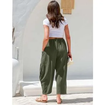 TARSE Womens Linen Pants Casual Wide Leg Loose Drawstring Low Waist Beach Palazzo Harem Pants with Pockets 2025(Green,XL)