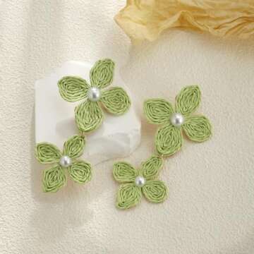 RUOFFETA Raffia Flower Earrings, Raffia Straw Wrapped Flower Drop Dangle Earrings Summer Tropical Beach Jewelry(Green A)