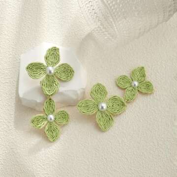 RUOFFETA Raffia Flower Earrings, Raffia Straw Wrapped Flower Drop Dangle Earrings Summer Tropical Beach Jewelry(Green A)