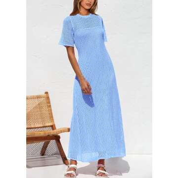 PRETTYGARDEN Womens Eyelet Cover Up Dress 2025 Summer Vacation Resort Maxi Dresses Beach Short Sleeve Hollow Out Sundress (Light Blue,Medium)