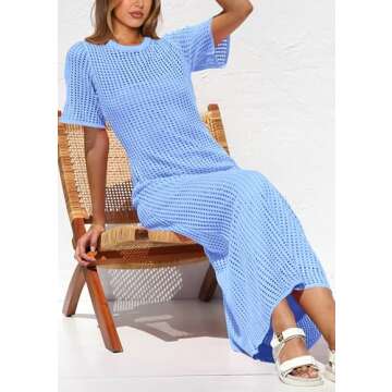 PRETTYGARDEN Womens Eyelet Cover Up Dress 2025 Summer Vacation Resort Maxi Dresses Beach Short Sleeve Hollow Out Sundress (Light Blue,Medium)