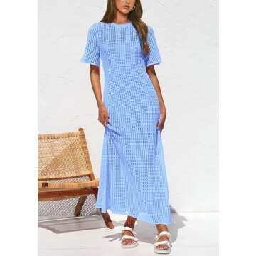 PRETTYGARDEN Womens Eyelet Cover Up Dress 2025 Summer Vacation Resort Maxi Dresses Beach Short Sleeve Hollow Out Sundress (Light Blue,Medium)