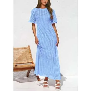 PRETTYGARDEN Womens Eyelet Cover Up Dress 2025 Summer Vacation Resort Maxi Dresses Beach Short Sleeve Hollow Out Sundress (Light Blue,Medium)