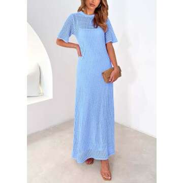 PRETTYGARDEN Womens Eyelet Cover Up Dress 2025 Summer Vacation Resort Maxi Dresses Beach Short Sleeve Hollow Out Sundress (Light Blue,Medium)