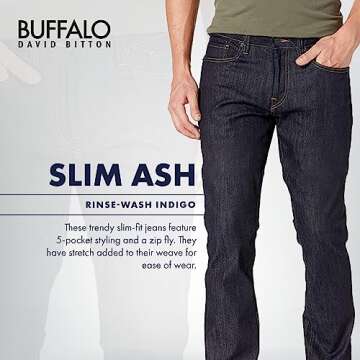 Buffalo Slim Ash Jeans for Men in Rinse Wash Indigo