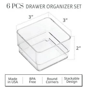 STORi SimpleSort 6-Piece Stackable Clear Drawer Organizer Set | 3" x 3" x 2" Square Trays | Small Ma...