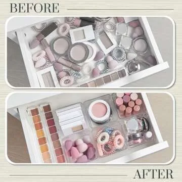 STORi SimpleSort 6-Piece Stackable Clear Drawer Organizer Set | 3" x 3" x 2" Square Trays | Small Makeup Vanity Storage Bins and Office Desk Drawer Dividers | Made in USA