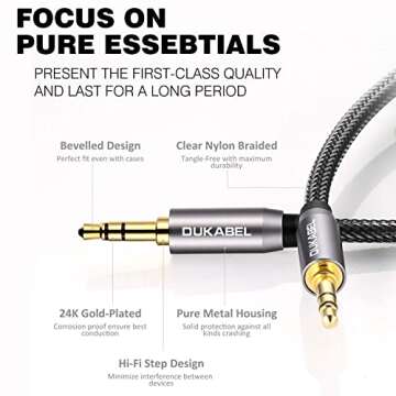 DUKABEL Top Series 3.5mm AUX Cable Lossless Audio Gold-Plated Auxiliary Audio Cable Nylon Braided Male to Male Stereo Audio AUX Cord Car Headphones Phones Speakers Home Stereos (4 Feet /1.2 Meters)