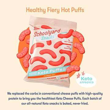Schoolyard Snacks Low Carb Keto Cheese Puffs - Fiery Hot - High Protein - All Natural - Gluten & Grain-Free - Healthy Chips - Low Calorie Food - 12 Pack Single Serve Bags - 100 Calories