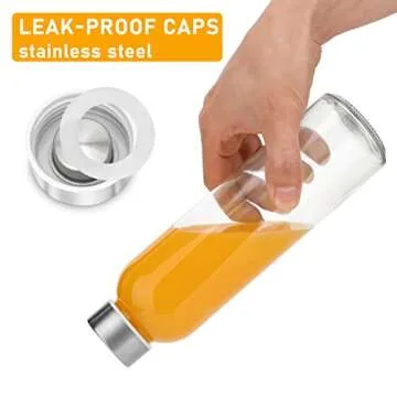 Sursip 18oz Glass Water Bottle Set of 6, Clear glass juice bottle for juicing，Reusable Drinking Bottles with Stainless Steel Lid，Beverage Storage Containers for Refrigerator-BPA Free，Leak Proof