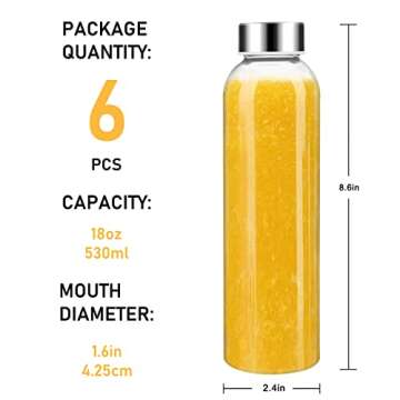 Sursip 18oz Glass Water Bottle Set of 6, Clear glass juice bottle for juicing，Reusable Drinking Bottles with Stainless Steel Lid，Beverage Storage Containers for Refrigerator-BPA Free，Leak Proof