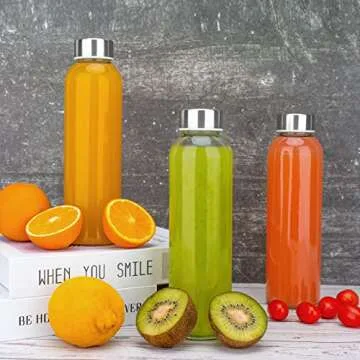 Sursip 18oz Glass Water Bottle Set of 6, Clear glass juice bottle for juicing，Reusable Drinking Bottles with Stainless Steel Lid，Beverage Storage Containers for Refrigerator-BPA Free，Leak Proof
