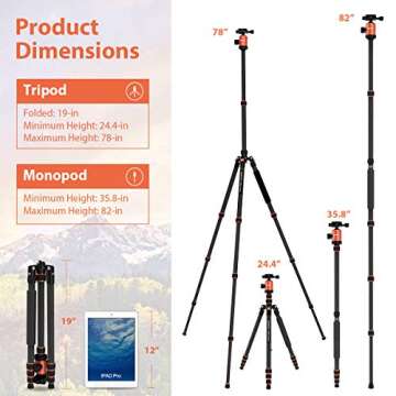 GEEKOTO 79 inches Carbon Fiber Camera Tripod Monopod with 360 Degree Ball Head 1/4 inch Quick Shoe P...