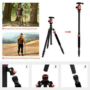 GEEKOTO 79 inches Carbon Fiber Camera Tripod Monopod with 360 Degree Ball Head 1/4 inch Quick Shoe Plate Professional Tripod Load up to 26.5 pounds