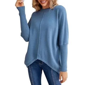 Miessial Women's Oversized Knit Tunic Sweater Long Batwing Sleeve Mock Neck Sweaters Fall Outfits Wi...