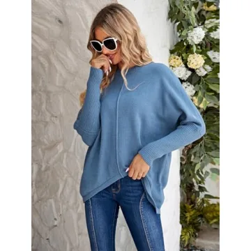Miessial Women's Oversized Knit Tunic Sweater Long Batwing Sleeve Mock Neck Sweaters Fall Outfits Winter Pullover Jumper Top (L Dusty Blue)
