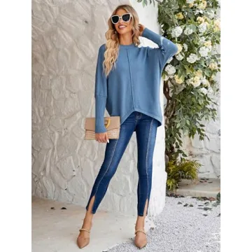 Miessial Women's Oversized Knit Tunic Sweater Long Batwing Sleeve Mock Neck Sweaters Fall Outfits Winter Pullover Jumper Top (L Dusty Blue)