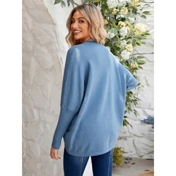 Miessial Women's Oversized Knit Tunic Sweater Long Batwing Sleeve Mock Neck Sweaters Fall Outfits Winter Pullover Jumper Top (L Dusty Blue)