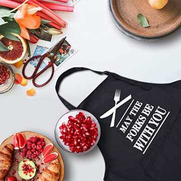 Rosoz Funny BBQ Black Chef Aprons for Men, May the Forks be with You Adjustable Kitchen Cooking Apro...