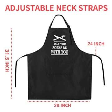 Rosoz Funny BBQ Black Chef Aprons for Men, May the Forks be with You Adjustable Kitchen Cooking Aprons with Pocket Waterproof Oil Proof Father’s Day/Birthday