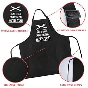 Rosoz Funny BBQ Black Chef Aprons for Men, May the Forks be with You Adjustable Kitchen Cooking Aprons with Pocket Waterproof Oil Proof Father’s Day/Birthday