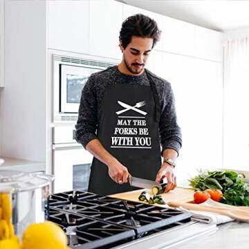 Rosoz Funny BBQ Black Chef Aprons for Men, May the Forks be with You Adjustable Kitchen Cooking Aprons with Pocket Waterproof Oil Proof Father’s Day/Birthday