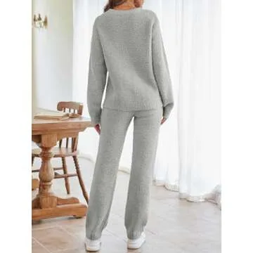 MEROKEETY Women's Casual Two Piece knit Sweater Sets Lightweight Comfy Loose Sweatsuit Outfits, LightGrey, Small