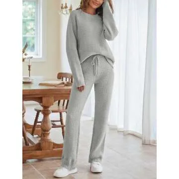MEROKEETY Women's Casual Two Piece knit Sweater Sets Lightweight Comfy Loose Sweatsuit Outfits, LightGrey, Small