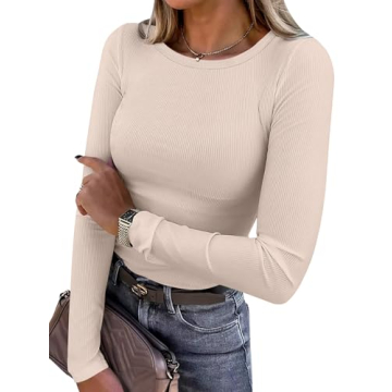 ANRABESS Women Long Sleeve Crewneck Rib Knit Slim Fit Tee - 2024 Casual Top